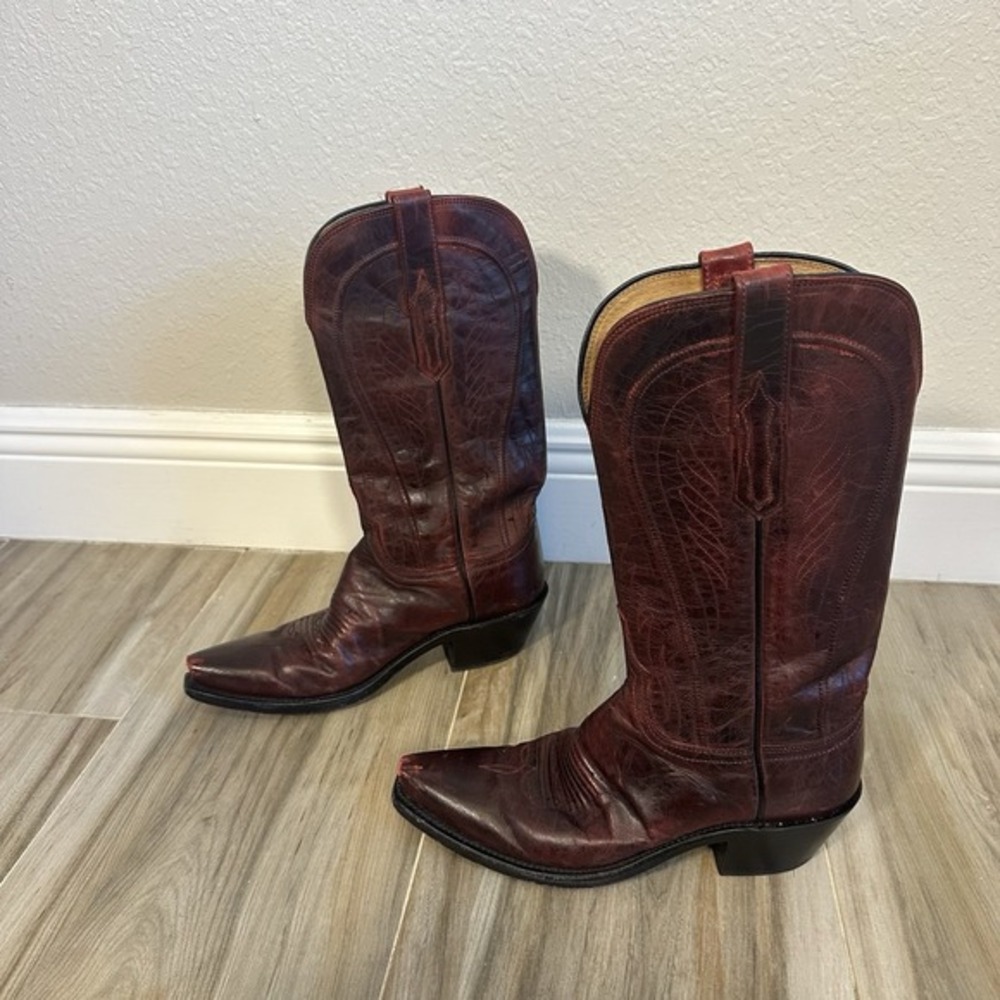 Lucchese‎ Womens Cherry Red Cowboy Western Boots Size 7.5 B N4764 USA Snip Toe